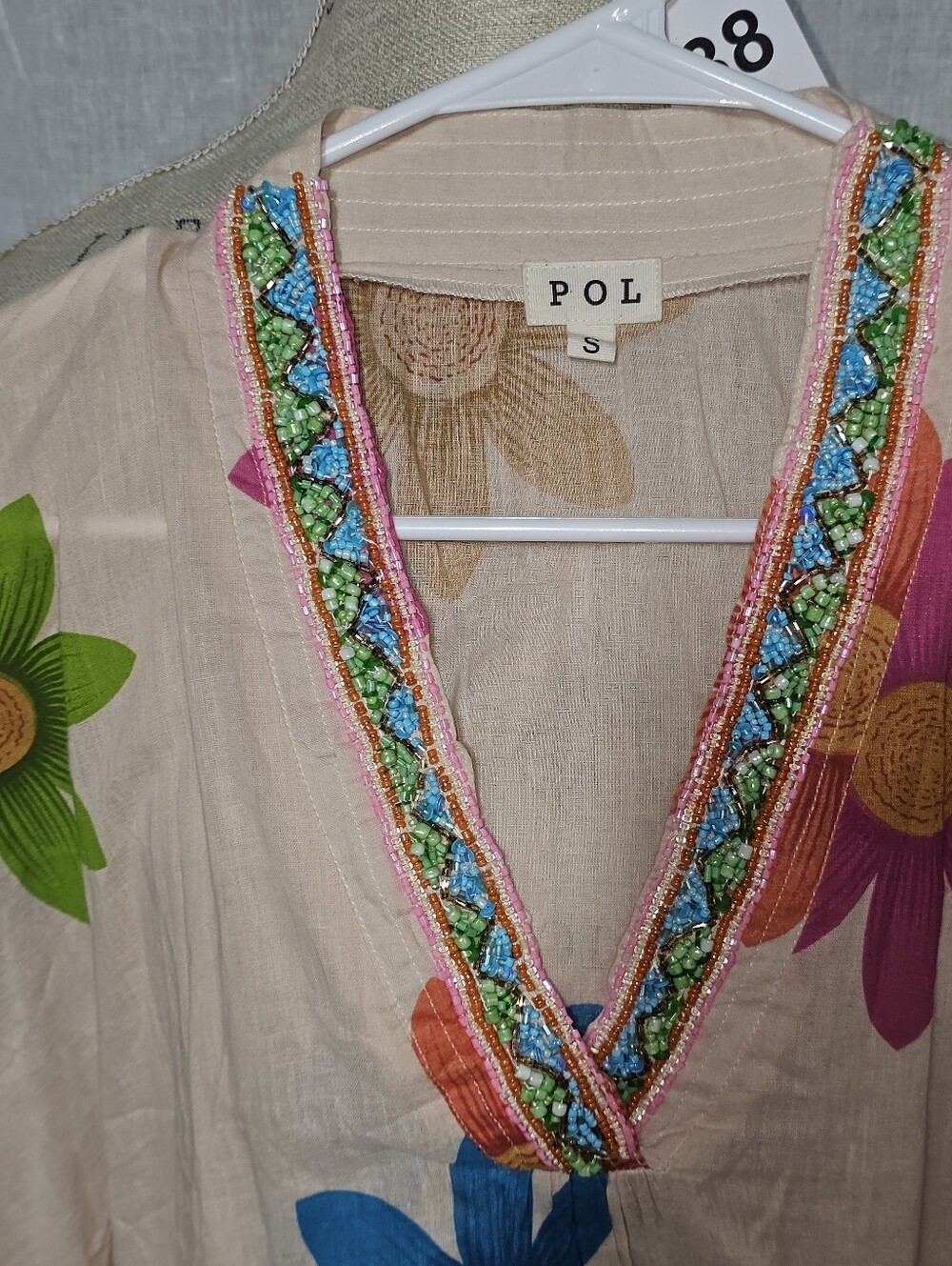 POL Pink Floral V-Neck Tunic with Multicolor Beaded Trim